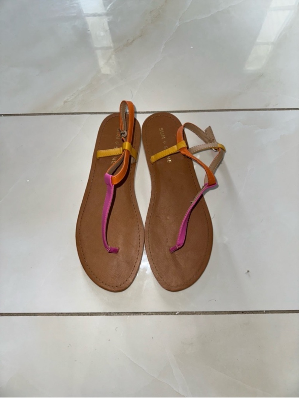 Sun + Stone Brown Sandals with Pink, Orange and Yellow Straps
